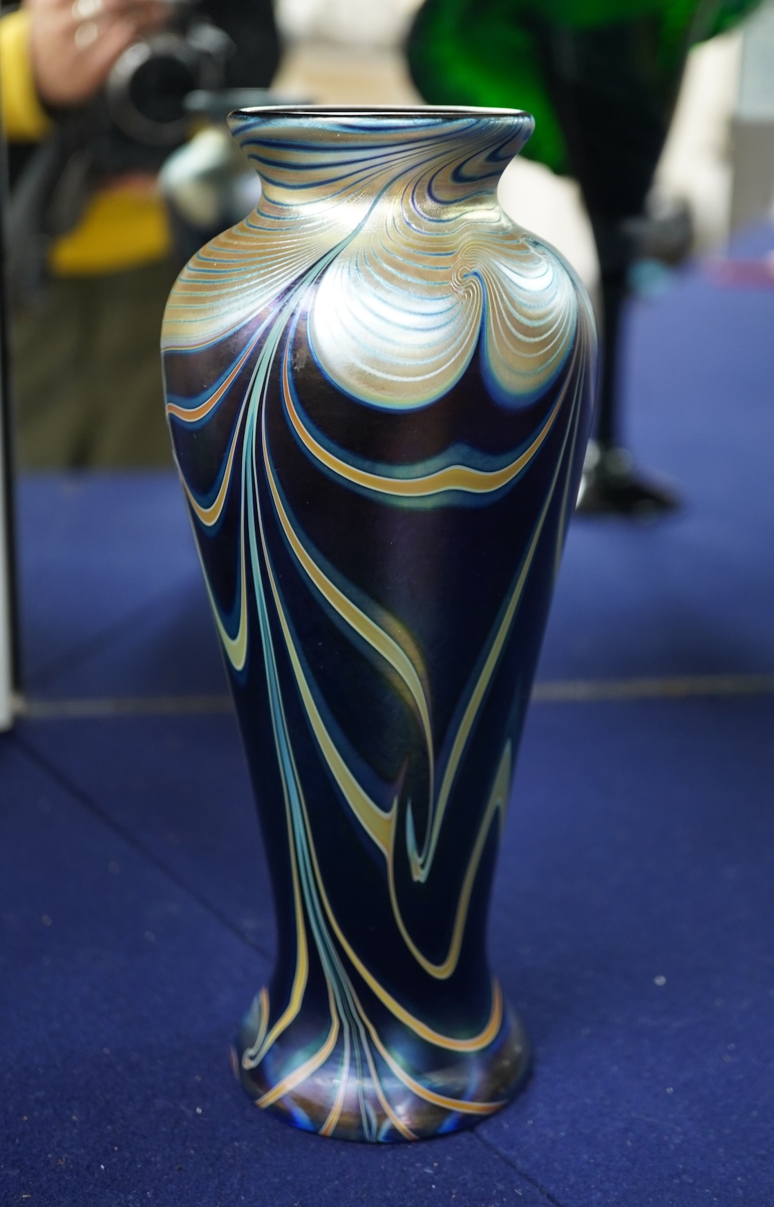 An Isle of Wight iridescent glass vase, Richard Golding Okra Luxor vase and Jack in Pulpit the box vase (3) tallest 38.5cm